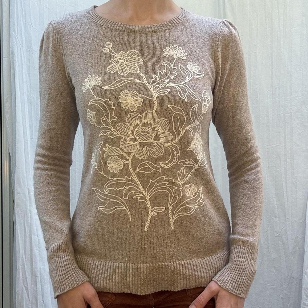 Floral Embroidered Tan Sweater Wool Cotton Blend - Picture 3 of 8